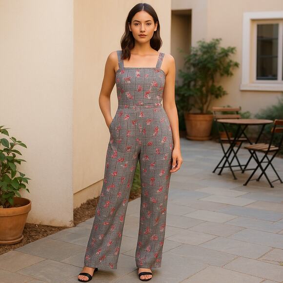 Floral Plaid Jumpsuit Tie Back - Picture 1 of 9